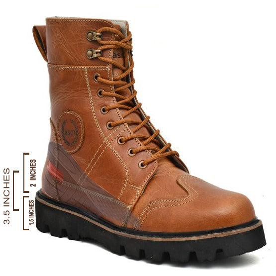 Elevator Boots : 3.5″ Inches Hidden Height Increasing Tan Rugged leather Boots.