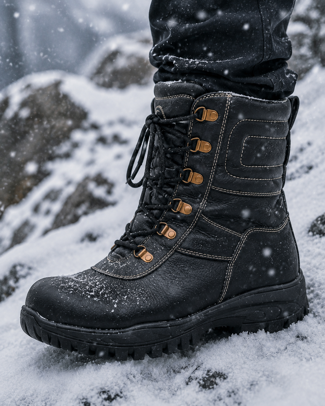 Snow Boots - Black Leather Snow Boots with Fur & Memory Foam Footpad. 704Black+Fur