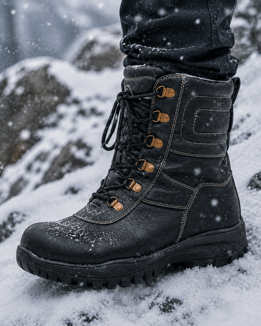 Snow Boots - Black Leather Snow Boots with Fur & Memory Foam Footpad. 704Black+Fur