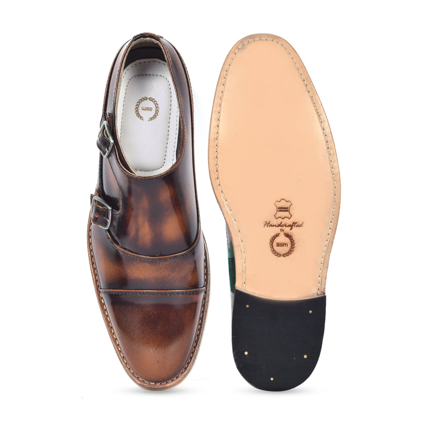 Goodyear Welted Monk Strap Shoes :  Tan Brush off leather with Memory foam footpad.