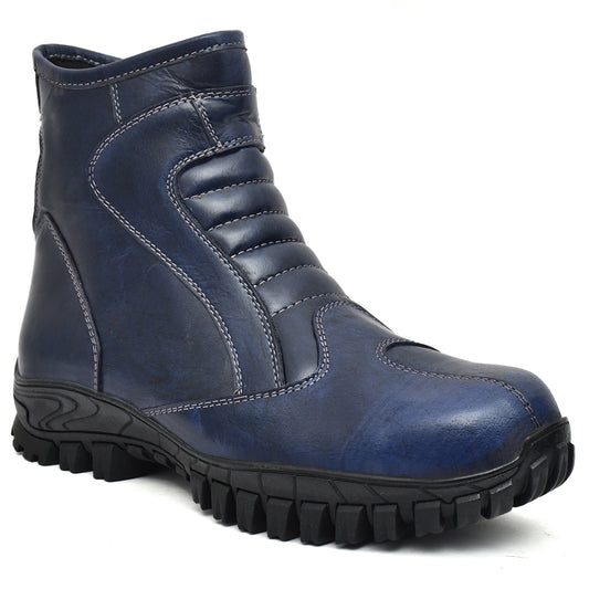 Biker Boots : Blue Rugged leather Rider boots for bikers with Steel toe.