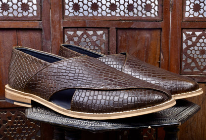 Peshawari : Alligator Olive embossed leather handmade Peshawari with Memory foam footpad. Article : P01_Alligator_Olive