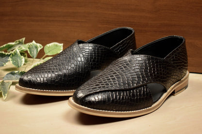 Peshawari : Black Alligator embossed leather handmade Peshawari with Memory foam footpad. Article : P01_Alligator_Black
