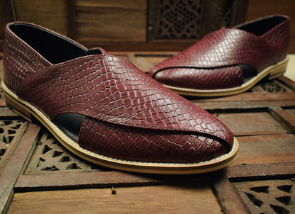 Peshawari : Alligator Wine embossed leather handmade Peshawari with Memory foam footpad. Article : P01_Alligator_Wine