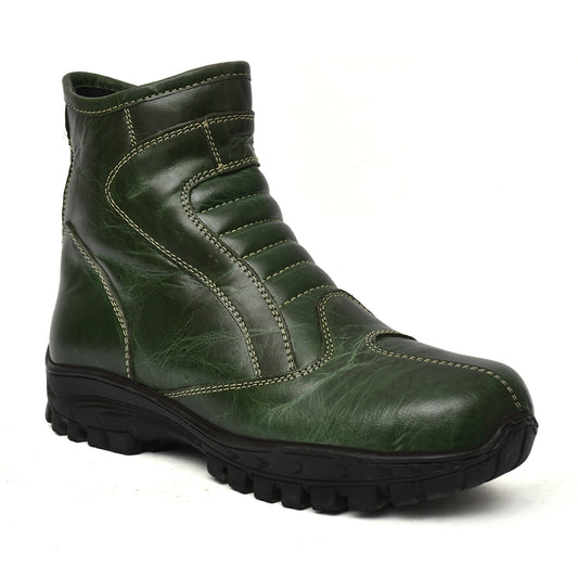 Biker Boots : Green leather Rider boots for bikers with Steel toe