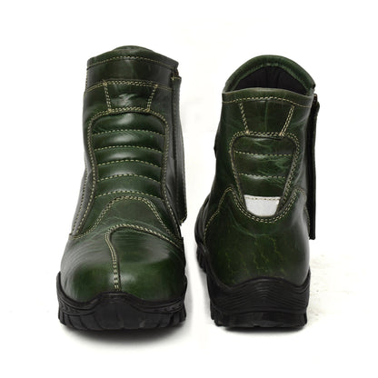 Biker Boots : Green leather Rider boots for bikers with Steel toe