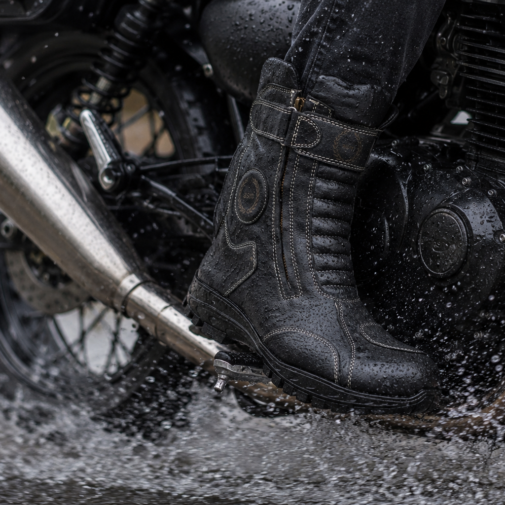 Biker Boots - Waterproof Black Leather Biker Boots with Memory Foam Footpad by ASM