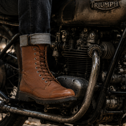 Biker Boots Tan Leather: 12" Inches Long Rider Boots with Memory Foam Footpad