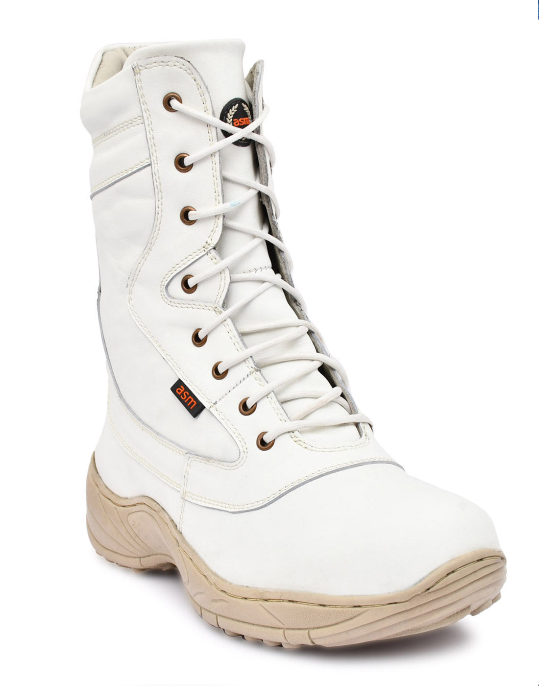 Biker Boots : White leather Rider boots for bikers with Memory foam footpad.