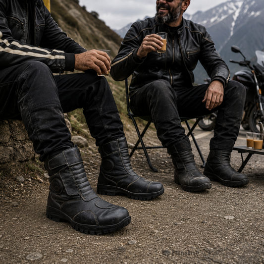 Biker Waterproof Leather Boots: Waterproof Black Leather Rider Boots with Memory Foam Footpad