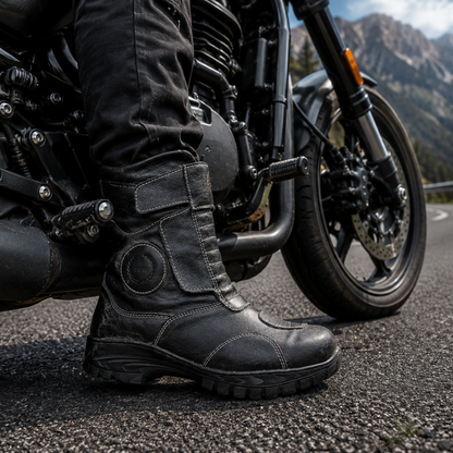 Biker Waterproof Leather Boots: Waterproof Black Leather Rider Boots with Memory Foam Footpad