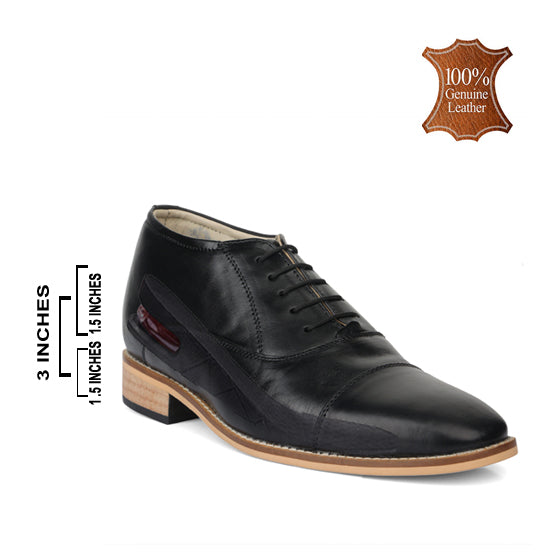 Elevator Shoes : 3″Inches Hidden Height Increasing Black leather Oxford Shoes.