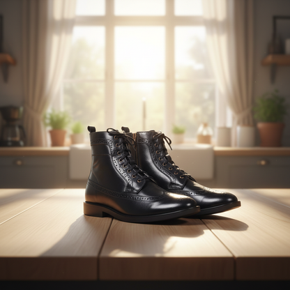 Brogue Boots : Genuine Black leather Brogue Boots with Memory foam footpad. Article :BB101-Black