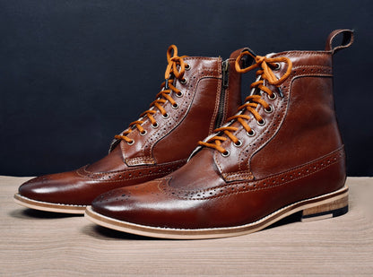 Brogue Boots : Genuine Tan leather Brogue Boots with Memory foam footpad. Article :BB101-Tan