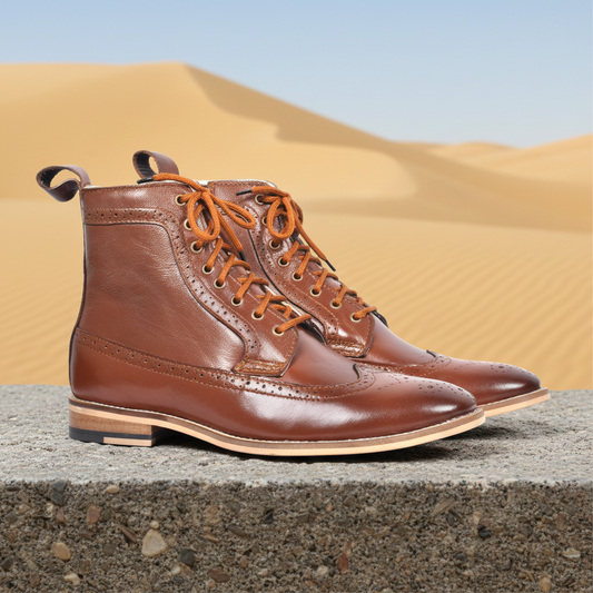 Brogue Boots : Genuine Black leather Brogue Boots with Memory foam footpad. Article :BB101-Tan