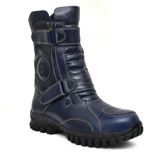 Biker Boots : Waterproof Blue Rugged leather Rider boots for bikers with Memory foam footpad.