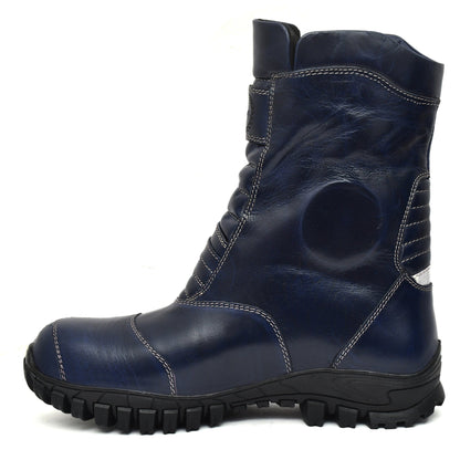 Biker Boots : Waterproof Blue Rugged leather Rider boots for bikers with Memory foam footpad.