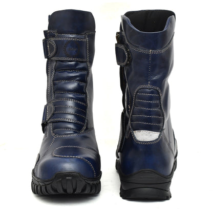 Biker Boots : Waterproof Blue Rugged leather Rider boots for bikers with Memory foam footpad.