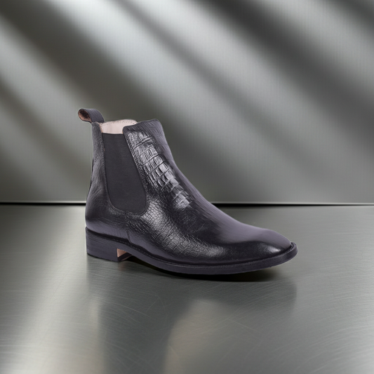 Chelsea Boots : Genuine Black Croco Embossed leather Goodyear welted Chelsea Boots with Memory foam footpad. Article : ChelseaHM01-Black