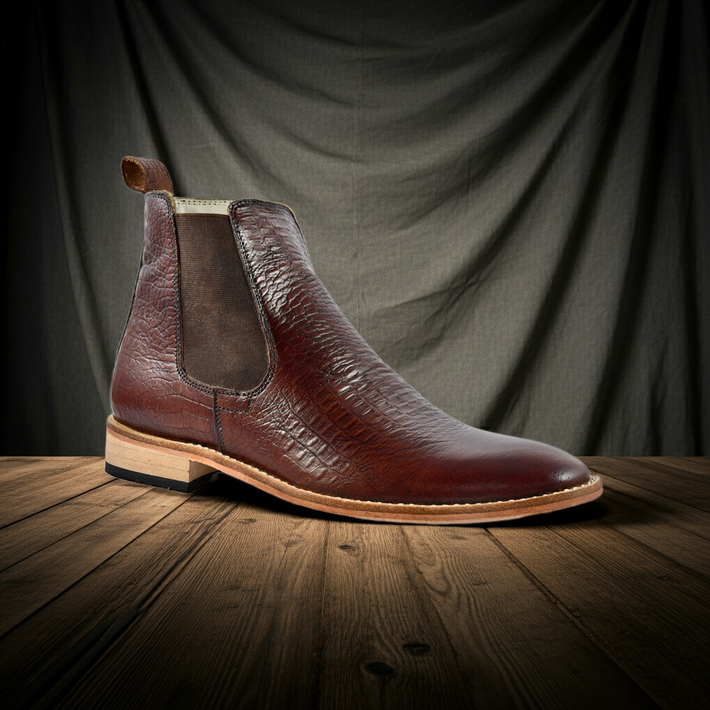 Chelsea Boots : Genuine Brown Croco Embossed leather Goodyear welted Chelsea Boots with Memory foam footpad. Article : ChelseaHM01-Brown