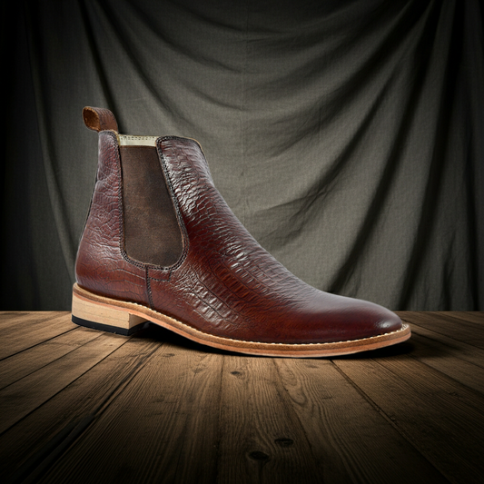 Chelsea Boots : Genuine Brown Croco Embossed leather Goodyear welted Chelsea Boots with Memory foam footpad. Article : ChelseaHM01-Brown