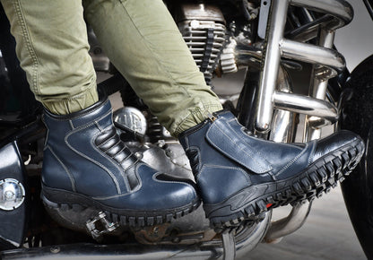 Biker Boots : Blue Rugged leather Rider boots for bikers with Steel toe.