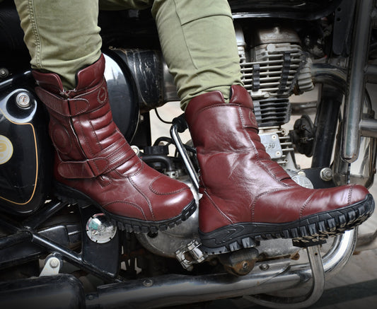 Biker Boots : Waterproof wine leather Rider boots for bikers with Memory foam footpad.