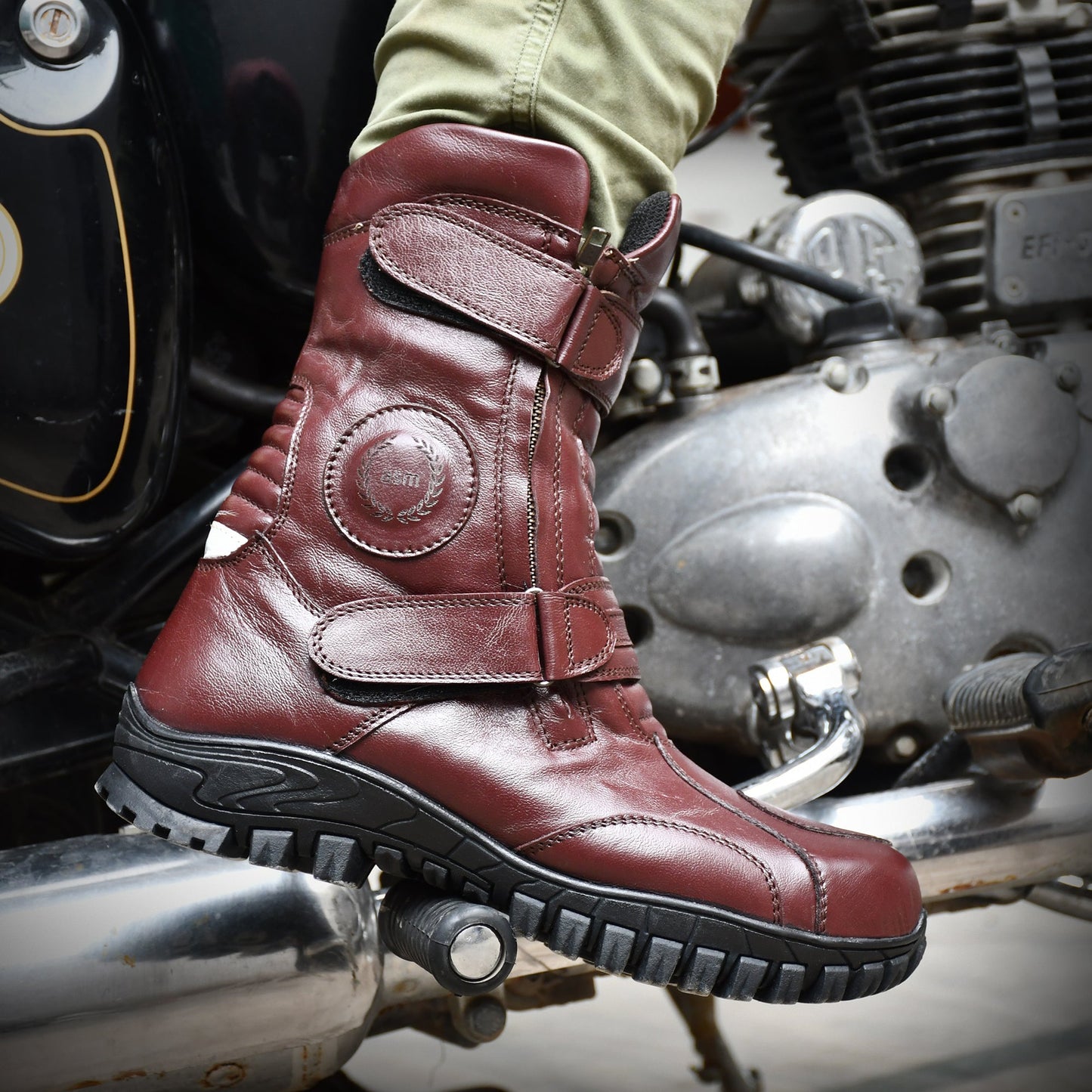 Biker Boots : Waterproof wine leather Rider boots for bikers with Memory foam footpad.