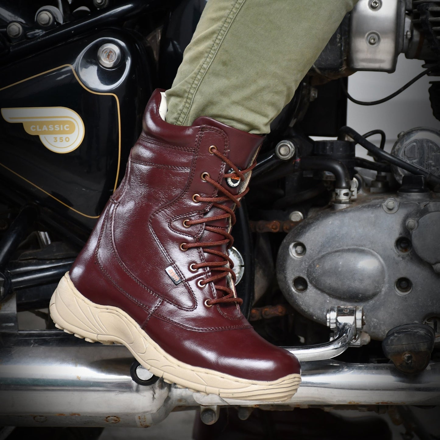 Biker Boots : Cherry leather Rider boots for bikers with side chain & Memory foam footpad.