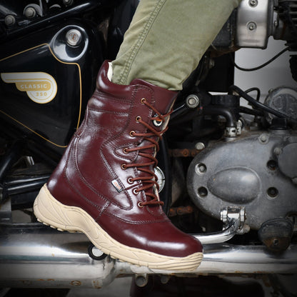 Biker Boots : Cherry leather Rider boots for bikers with side chain & Memory foam footpad.