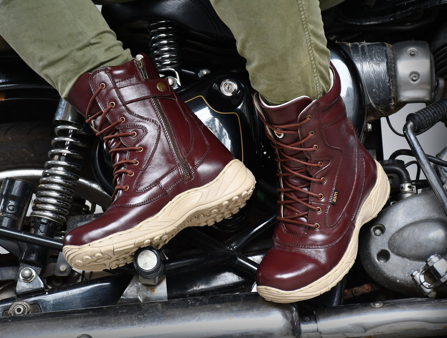 Biker Boots : Cherry leather Rider boots for bikers with side chain & Memory foam footpad.