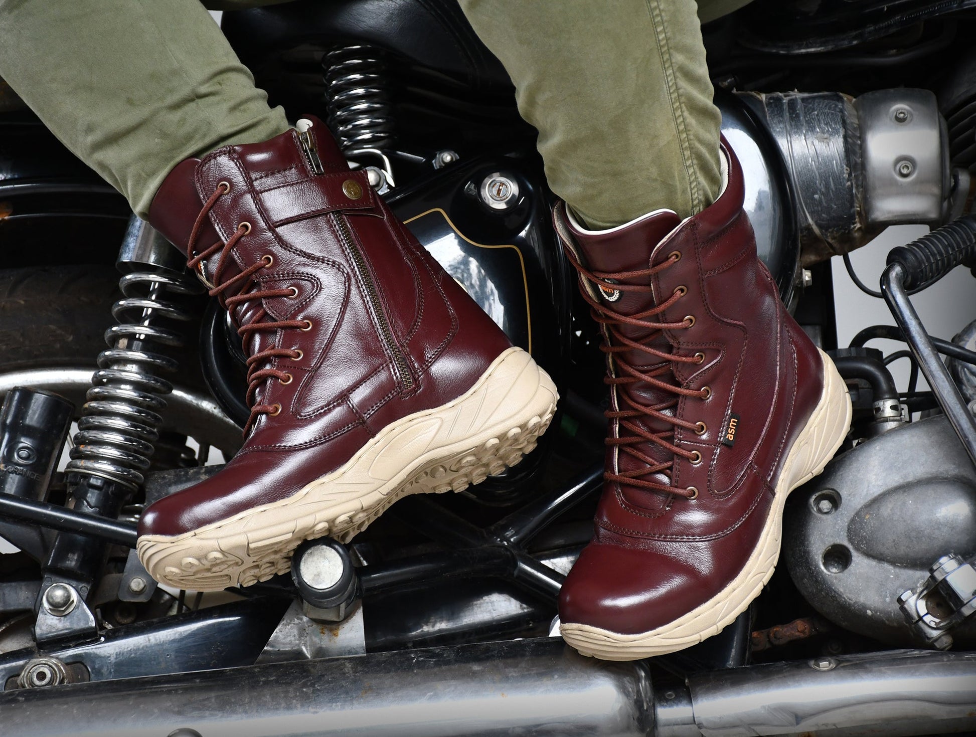Biker Boots : Cherry leather Rider boots for bikers with side chain & Memory foam footpad.