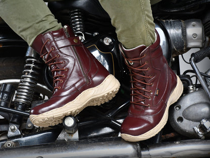 Biker Boots : Cherry leather Rider boots for bikers with side chain & Memory foam footpad.