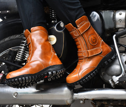 Biker Boots : Waterproof Tan Rugged leather Rider boots for bikers with Memory foam footpad.