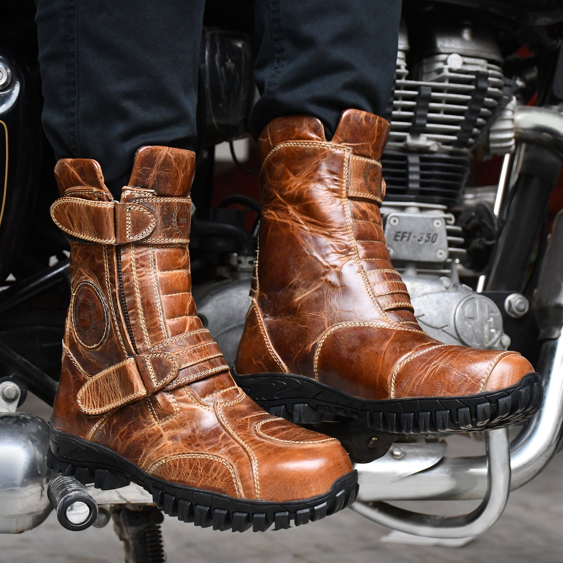 Biker Boots : Waterproof Brown Rugged leather Rider boots for bikers with Memory foam footpad.