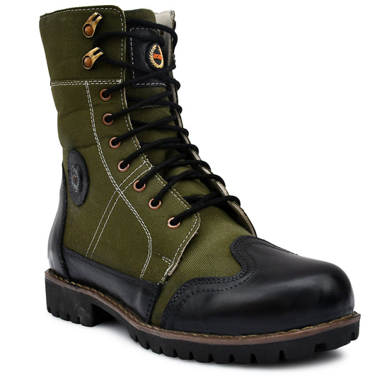 Biker Boots : Green & Black leather Rider boots for bikers with Memory foam footpad.