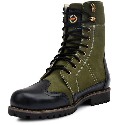 Biker Boots : Green & Black leather Rider boots for bikers with Memory foam footpad.