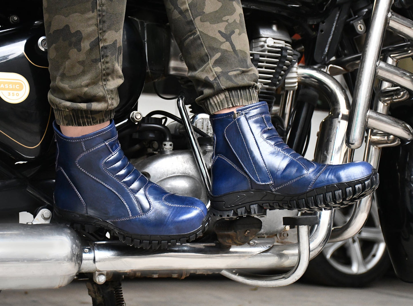 Biker Boots : Blue Rugged leather Rider boots for bikers with Steel toe.