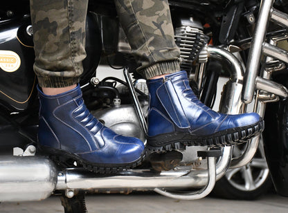 Biker Boots : Blue Rugged leather Rider boots for bikers with Steel toe.