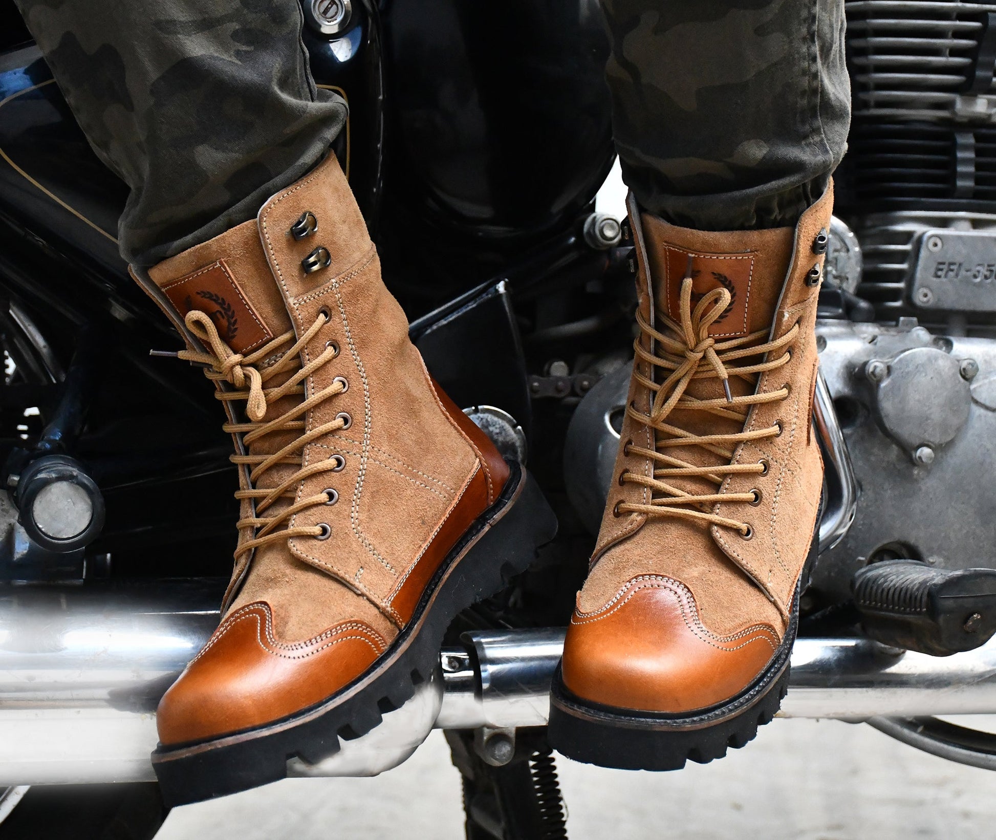 Rider Boots : Urban Rugged & Suede Tan leather boots for bikers with EVA Sole.