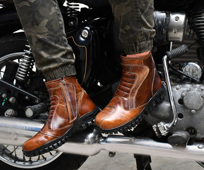 Biker Boots with Steel Toe: Brown Rugged Leather Rider Boots for Bikers
