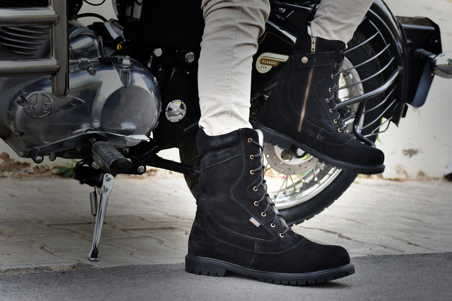 Biker Boots : Black Suede leather Rider boots for bikers with & Memory foam footpad.
