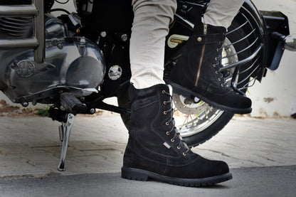 Biker Boots : Black Suede leather Rider boots for bikers with & Memory foam footpad.