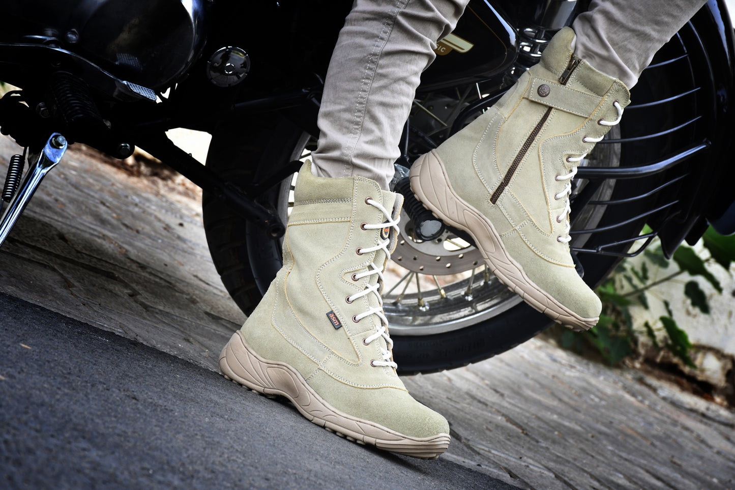 Biker Boots : Beige Suede leather Rider boots for bikers with side chain & Memory foam footpad.