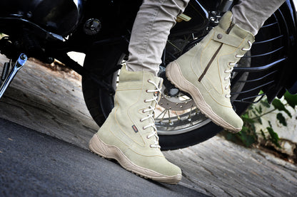 Biker Boots : Beige Suede leather Rider boots for bikers with side chain & Memory foam footpad.
