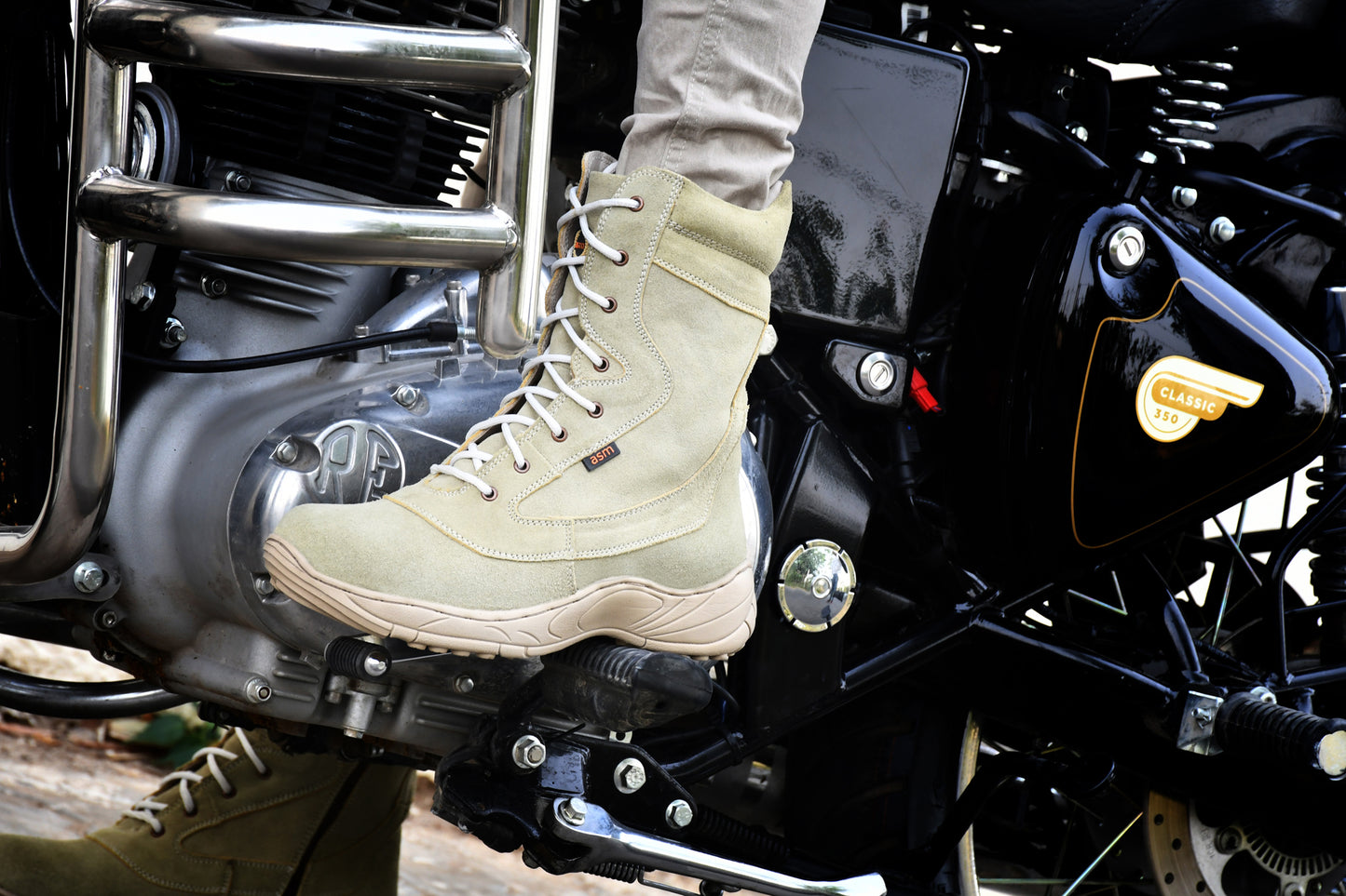Biker Boots : Beige Suede leather Rider boots for bikers with side chain & Memory foam footpad.