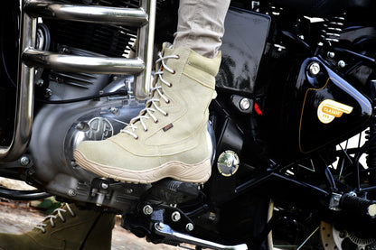 Biker Boots : Beige Suede leather Rider boots for bikers with side chain & Memory foam footpad.