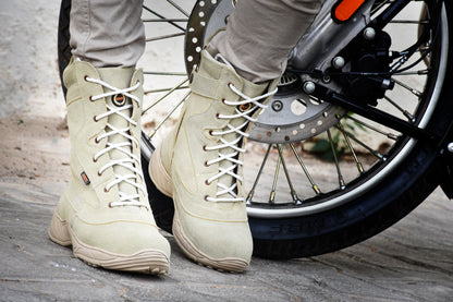 Biker Boots : Beige Suede leather Rider boots for bikers with side chain & Memory foam footpad.