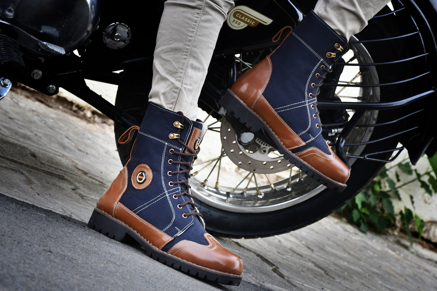 Biker Boots : Blue & Tan leather Rider boots for bikers with Memory foam footpad.