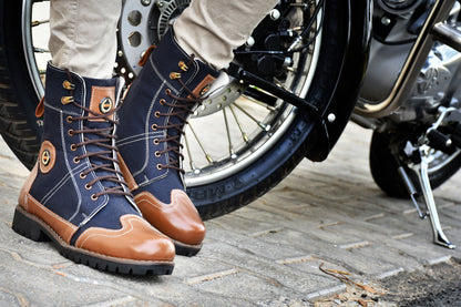 Biker Boots : Blue & Tan leather Rider boots for bikers with Memory foam footpad.